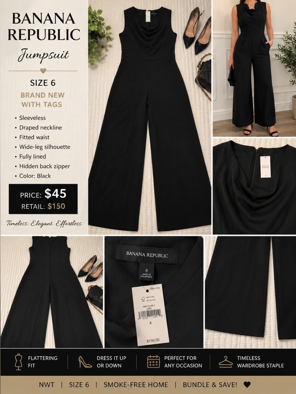 ✨Banana Republic Black Sleeveless Wide-Leg JumpsuitSize 6 | NWT | Retail $150